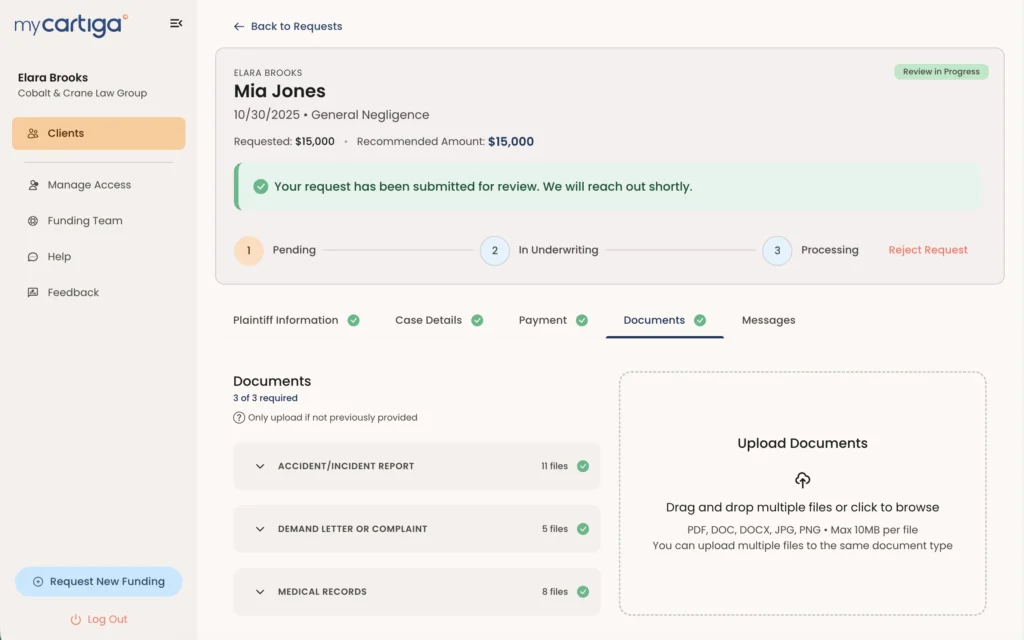 myCartiga document management view with categorized case files