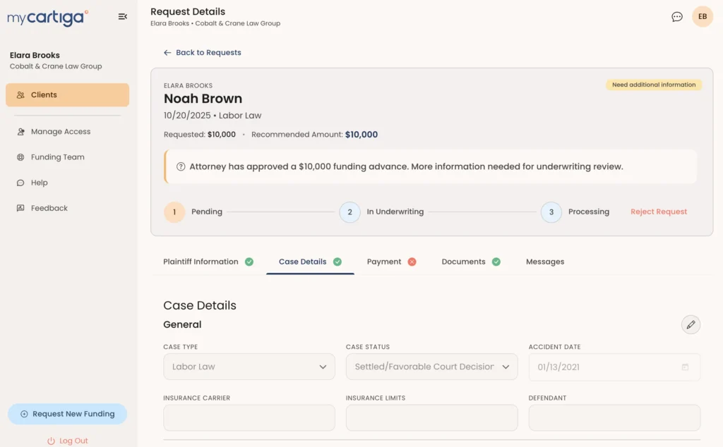 myCartiga funding requests dashboard showing pending approvals and underwriting status