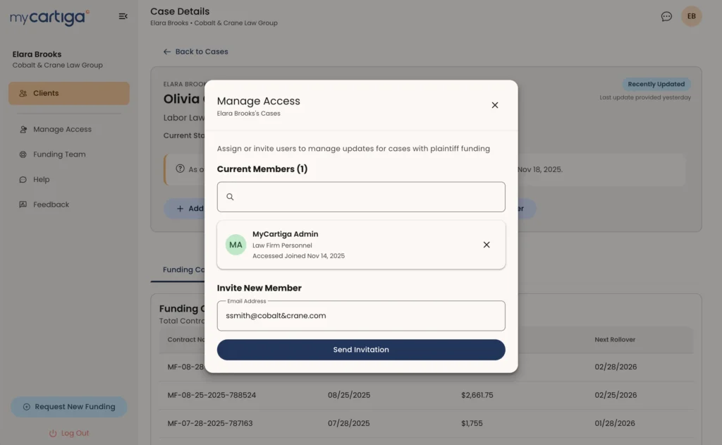 myCartiga manage access screen for inviting colleagues and setting team access